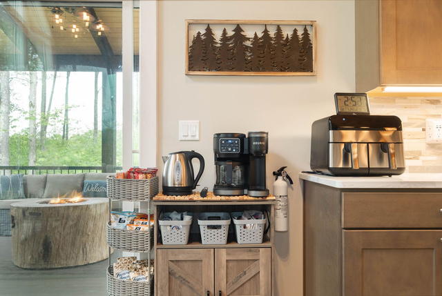 The coffee and beverage station off the kitchen — drip, pods and kettle, so the 