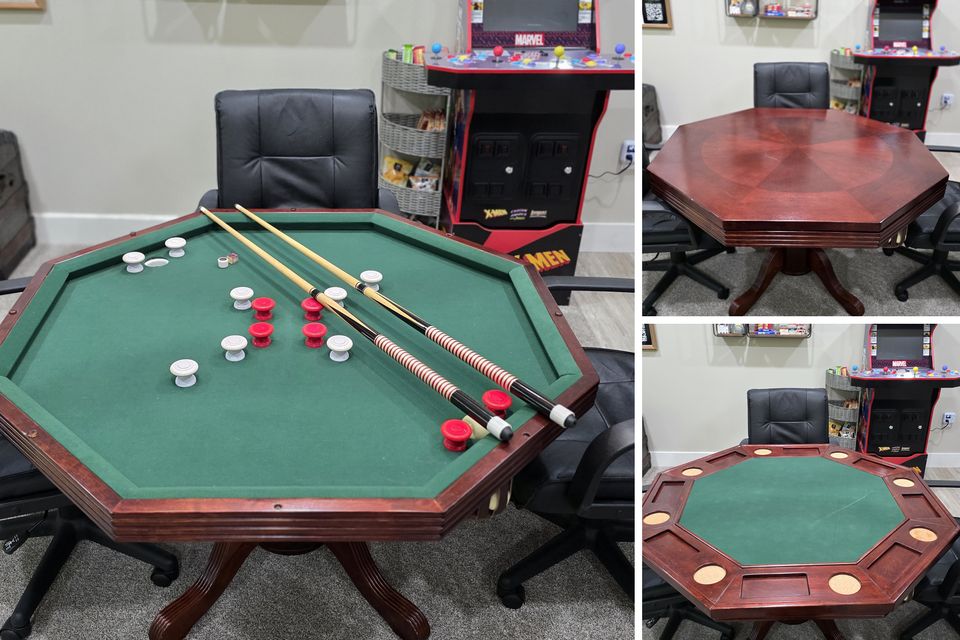 The octagon game table does three jobs: a solid top for cards, puzzles and supper, a poker layou